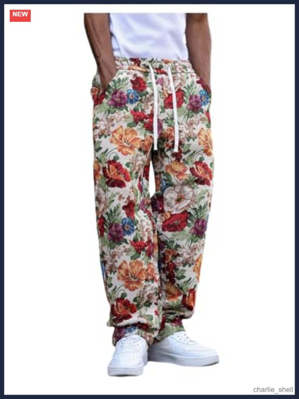 Men's Floral Baggy Y2K Drawstring Waist Straight Leg Casual Pants with Pockets